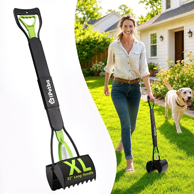 Large Dog Pooper Scooper for Yard, 32 inch Long Handle, No Bending | Save Back, Heavy Duty, Powerful Jaw Grip, One-Hand Operation, Mess-Free Pickup for Grass Gravel Concrete, Easy to Rinse