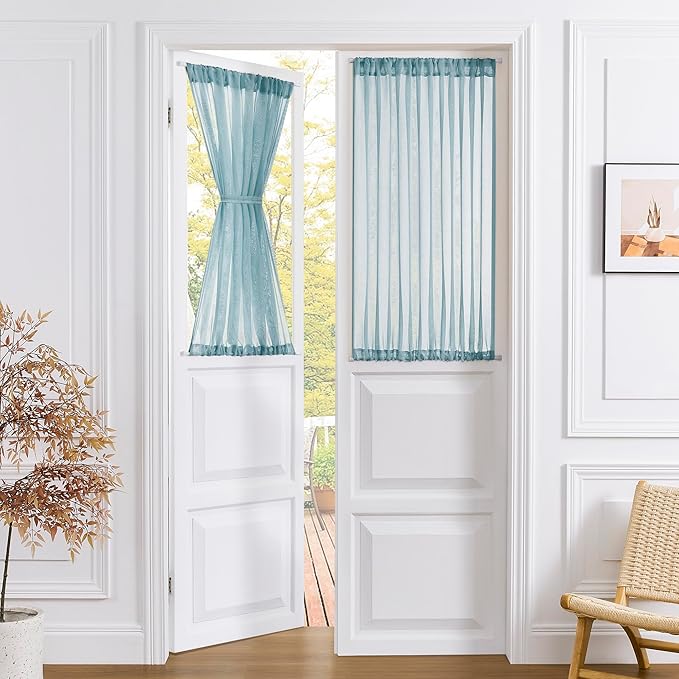 Tollpiz Small Sheer Door Curtain Closet Linen Textured Curtain Sheers Doorway Light Filtering Voile French Door Rod Pocket Curtains Patio Door, 25 x 40 inches Long, Dusty Blue, Set of 1 Panel
