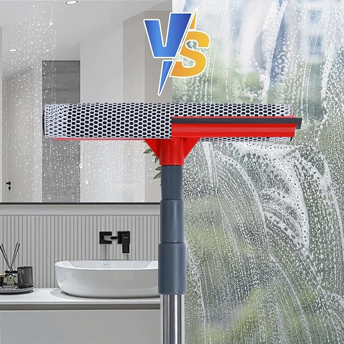 Window Squeegee with 19-37" Long Handle, 2 in 1 Window Cleaner Tool with TPR Squeegee&Sponge for Car Windshield, Shower Glass, Glass Doors, Outdoor Windows, High Windows