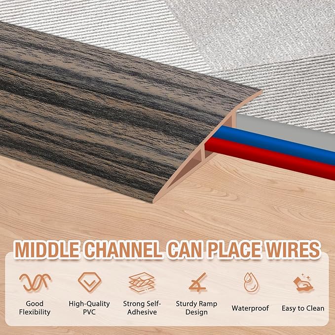 Floor Transition Strip Self Adhesive Vinyl Door Threshold for Doorways Carpet Edging Trim Overlap Edge Reducer for Laminate Floor, Carpet, Tile (Smoked Brown Wood Grain, 2/5" to 3/5", 3.3Ft)