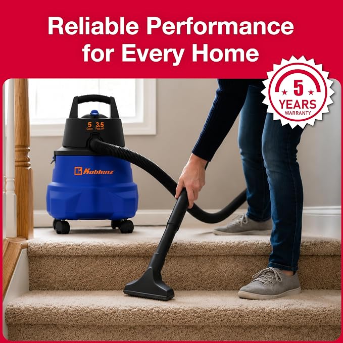 Koblenz WD-5 L2 Wet Dry Vacuum Cleaner, Blower, Shop Vac 3.5 PHP, 5 Gallon | 3-in-1 Suction & Blower, Swivel Casters, Twist-N-Lock Hose, Large Vacuum Cleaners for Home, Workshop, Car, Blue/Black