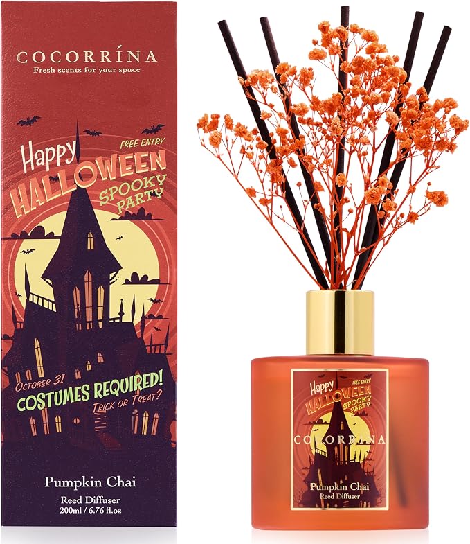 Reed Diffuser - Pumpkin Chai 6.7 fl oz Scented Diffuser with 8 Sticks Home Fragrance Bathroom Shelf Decor (Halloween Collection)