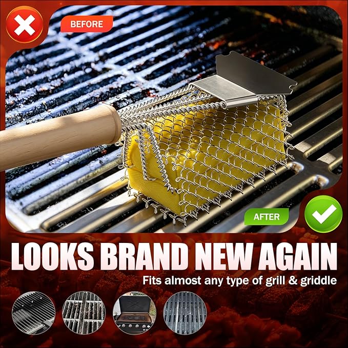HOUSE AGAIN Bristle-Free Grill Brush with Scraper - Safe Steam Clean BBQ Brush with 18" Heat-Resistant Handle, 304 Stainless Locked-Core Mesh Head & HD Scraper | Grill Grate Cleaner Tool