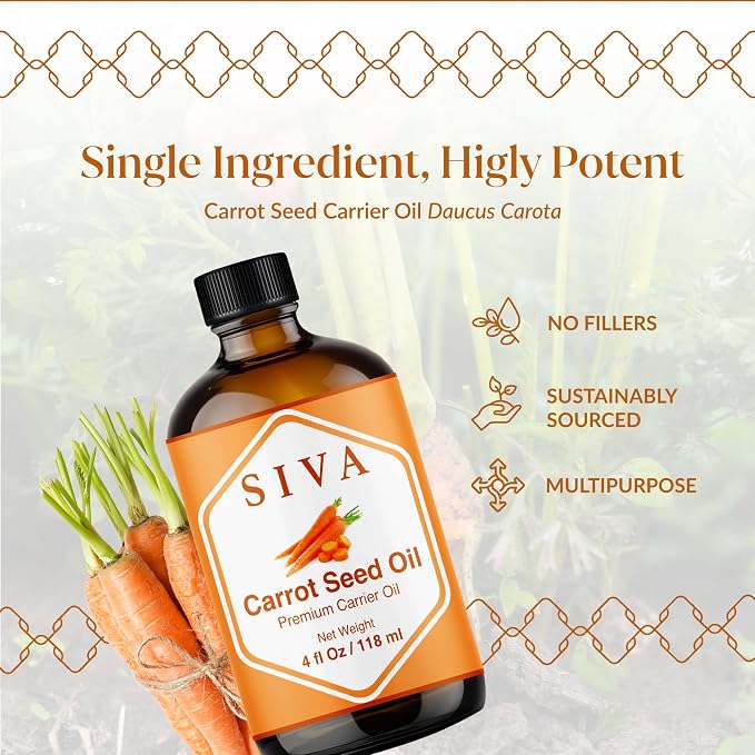 SIVA Carrot Seed Carrier Oil, Glass Bottle with Dropper, 4 Fl Oz (118 ml) | Carrot Seed Oil for Face Care, Skin Care, Facial Oil, Hair Care, Scalp Massage, Body Massage, Dilution & DIY Beauty Blends