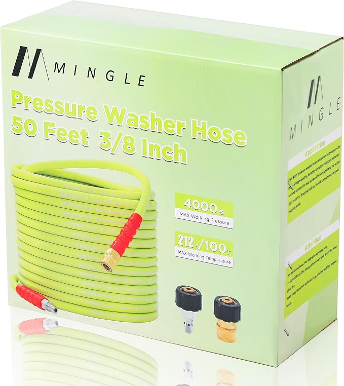 M MINGLE Pressure Washer Hose 50 FT x 3/8" - Replacement Power Wash Hose for Hot and Cold Water - High Pressure Hose with M22 14mm to 3/8 Inch Quick Connect Fittings - 4000PSI