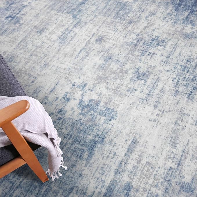 IOHOUZE Abstract Area Rugs 6x9 Ft Washable Rugs for Living Room, Non Slip Dining Room Rug, Printed Faux Wool Rugs for Bedroom, Floor Carpet for Office Nursery Playroom, Light Blue White