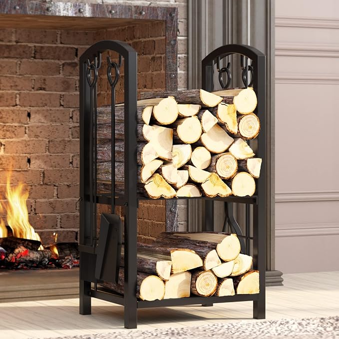 Fire Beauty Fireplace Firewood Log Rack 5-Piece Storage Logs Holder with Tools Set with 4 Tools Set Fireside Holders Wood Lumber Storage Stacking Black