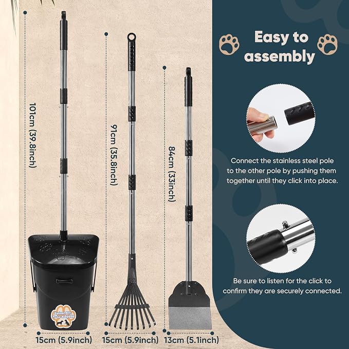 Stainless Steel Dog Pooper Scooper,40" Long Handle Swivel Bin, Rake and Spade,20 Waste Bags & Hook - Heavy Duty Portable Metal Poop Scooper for Large,Medium and Small Dogs
