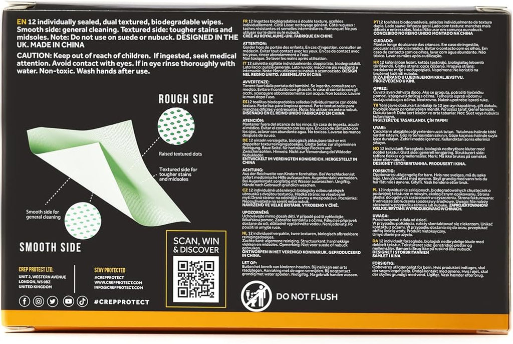 Crep Protect Shoe Wipes - Biodegradable, Dual-Sided Sneaker Cleaning Wipes for Quick Dirt & Scuff Removal - Individually Wrapped (Pack of 12)