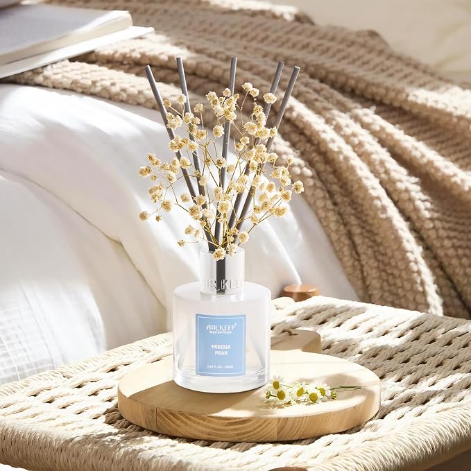 Reed Diffuser Set,3.38 fl oz (100 ml) - Freesia Pear Oil Diffusers with 8 Reed Sticks, Home Fragrance Reed Diffuser for Bathroom Shelf Decor