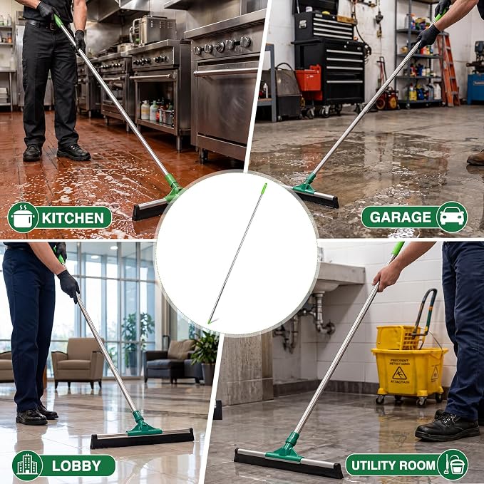 4 Pack 57.5-Inch Stainless Steel Floor Squeegee Replacement Handles, 3/4-Inch Acme Thread Poles with Non-Slip Grip and Hanging Cap for Commercial Cleaning, Green