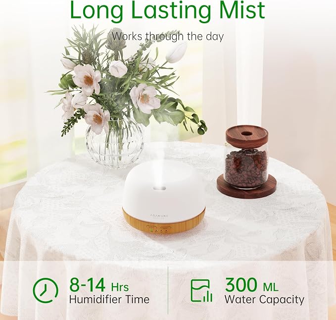 ASAKUKI Essential Oil Diffuser, 300ml Aromatherapy Oil Humidifier | Ultrasonic Diffuser with 7 Colors LED Lights, 2 Mist Mode for Home Bedroom (Wood Grain)