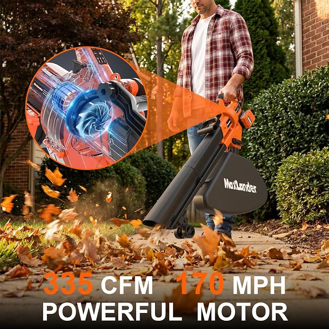 MAXLANDER 40V Cordless Leaf Blower Vacuum Mulcher, Leaf Vacuum with 40L Bag | Brushless Motor, 15:1 Mulch Ratio, 6-Speed Dial, 170MPH Blowers for Lawn Yard Cleanup, 2x4.0Ah Battery & Charger Included