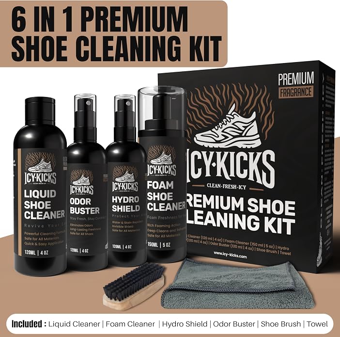 ICYKICKS Premium 6-in-1 Sneaker & Shoe Cleaning Kit – Foam Cleaner, Water-Repellent, Odor Eliminator, Brush & Microfiber Towel – Safe for Leather, Suede, Canvas – Deep Clean Sneakers Fast