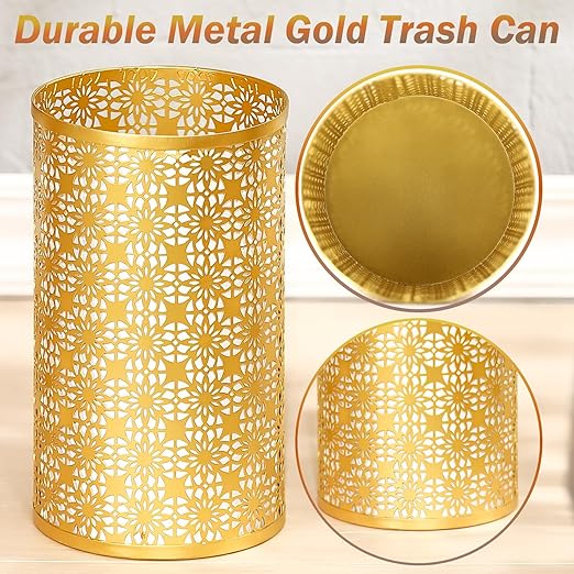 Small Gold Trash Can, Decorative Floral Waste Basket with Perforated Design, Elegant Gold Garbage Can for Bathroom, Bedroom, Office and Kitchen, 7" W X 7" L X 12" H