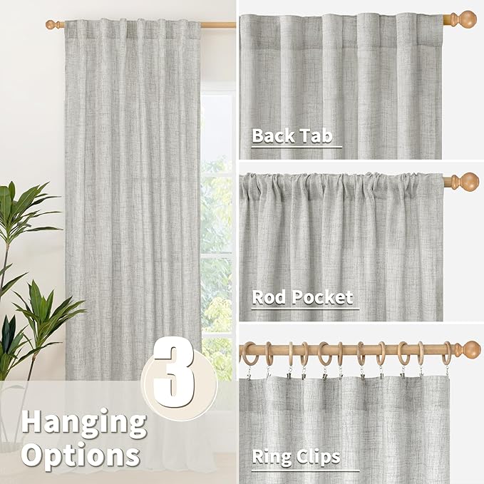 YoungsTex Light Grey Cafe Curtains 36 Inch Length for Short Window, Linen Small Drapes with Rod Pocket Back Tab Light Filtering for Bathroom Kitchen Windows, 2 Panels, 42 X 36 Inch