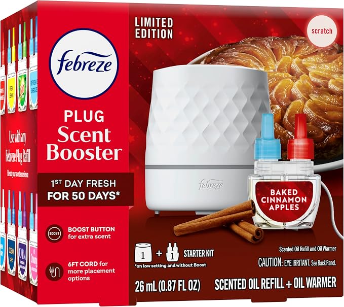 Febreze Plug Scent Booster Starter Kit, Oil Diffuser, Air Freshener Plug in, Continuous Scent, 2 Devices + 2 Baked Cinnamon Apple Refill