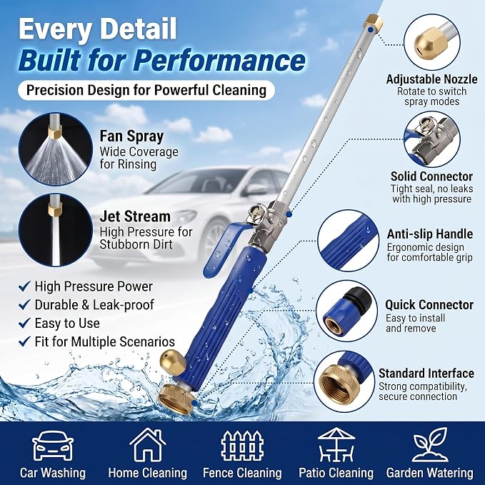 Jet Nozzle for Garden Hose, Metal Power Washer Wand with 2 Brass Nozzles, High Pressure Washer with Quick Connect Adapter for Car Wash, Patio, Window and Garden Watering（Black）