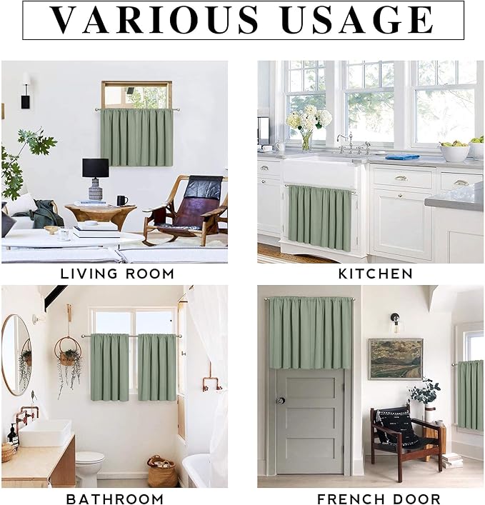 RYB HOME Dorm Curtains Room Darkening, 30 inch Length Privacy Window Treatment Thermal Insulated Covers for Shortage Room Studio Nursery, W42 x L30 inch, 2 Panels, Grayish Green