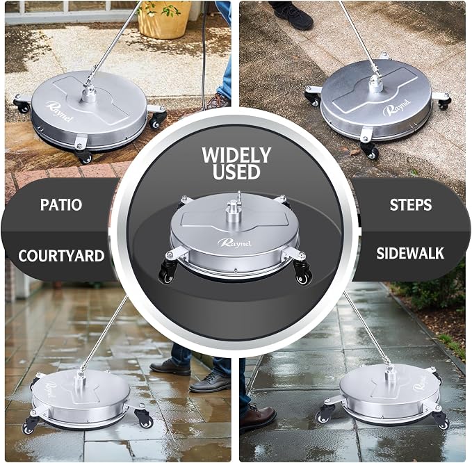 RAYNEL 18" Pressure Washer Surface Cleaner, Power Washer Accessory | Stainless Steel Housing, 4 Wheels, 1/4" Quick Plug, 2 Extension Wands, 2 Replacement Nozzles, 5 Spray Nozzles, Max 4000 PSI