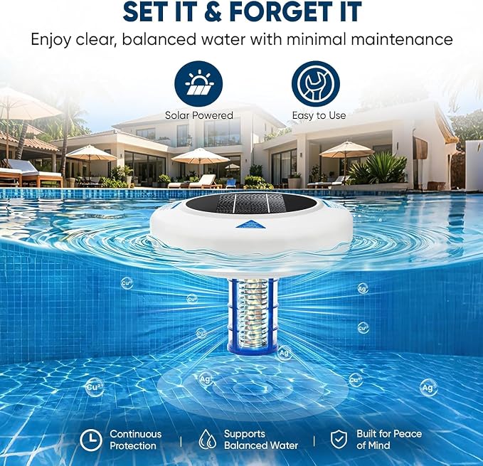 Upgraded Solar Powered Pool Water Care Device for Above Ground & Inground Pools Up to 45,000 Gallons, Floating Pool Maintenance System with Thick Copper Component, Low Maintenance Pool Care Solution