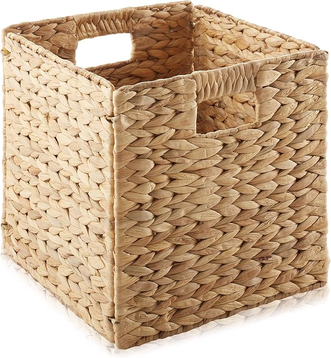 Casafield 10.5" x 10.5" Water Hyacinth Storage Baskets, Natural - Set of 4 Collapsible Cube Organizers, Woven Bins for Bathroom, Bedroom, Laundry, Pantry, Shelves