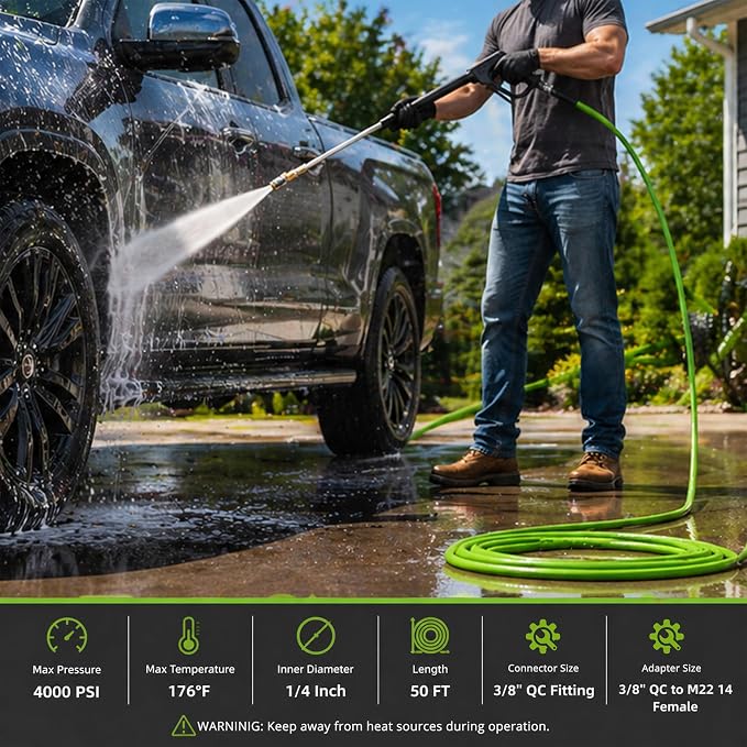 PWACCS Pressure Washer Hose 50 FT, 1/4" ID Steel Braided Kink Resistant Power Washer Hose with 3/8" Quick Connect Fittings - 4000 PSI High Pressure Washing Extension Hose