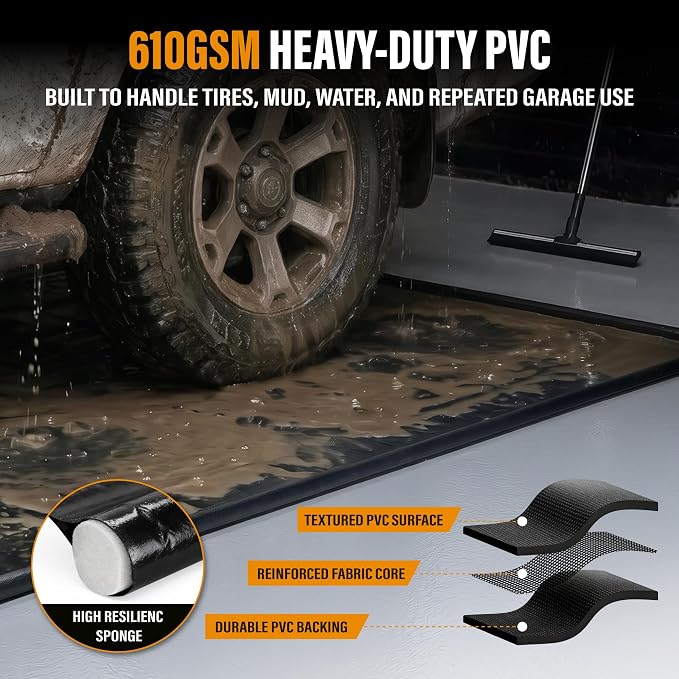 7'9" x 16' Garage Floor Mat, Non-Slip Containment Mat | 610GSM PVC Material, 65 Gal Capacity, Easy Maintenance, 1.2" Raised Edges, Protect the Floor