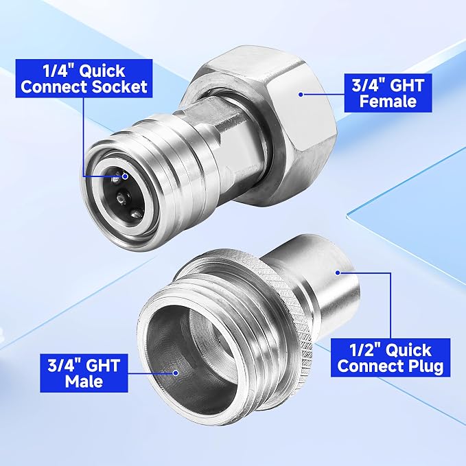 Tool Daily Garden Hose to Pressure Washer Adapter, 3/4” GHT Female to 1/4” Quick Connect, 3/4” GHT Male to 1/2” Quick Plug, Stainless Steel, 2 Pcs