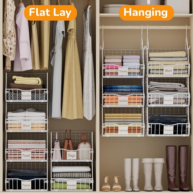 Hanging Closet Organizers and Storage, 2 Tier Closet Shelf Clothes Organizer with 2 S-Hooks, Multi-Functional Iron Wire Baskets, for Clothing, Sweaters, Handbags, Hat, Canned