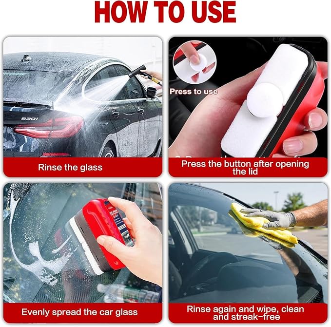 Oil Film Cleaning Brush for Car Windows, 2026 Upgraded Clear Vision Windshield Cleaner with Anti-Rain Coating, Improving Clarity & Safer Driving, Kit with Supplements & Towel, 2 pcs(Red)