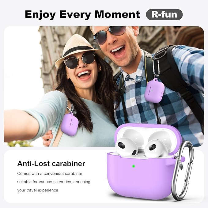 R-fun Compatible with AirPods 3 Case Cover, Silicone Protective Accessories Skin with Keychain Compatible with Apple AirPod 3rd Generation 2021 for Women Men Girls Boys,Front LED Visible,Lavender