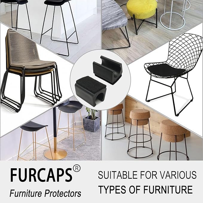 Rectangle U Shaped Chair Leg Tips Cap with Felt Pads,Furniture Feet Protector Slide Smoothly Glides,Protect Hardwood Floor No Scratches No Noise,Fit 16mm(5/8inch) Diameter Tubular Legs (Black 32PCS)