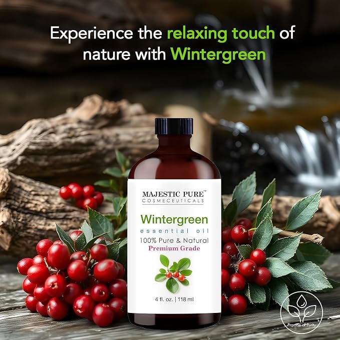 Majestic Pure Wintergreen Essential Oil for Diffuser - 4 Fl Oz | 100% Natural Essentials Oils for Aromatherapy, Massage, candle making, soap making and custom essential oil blends