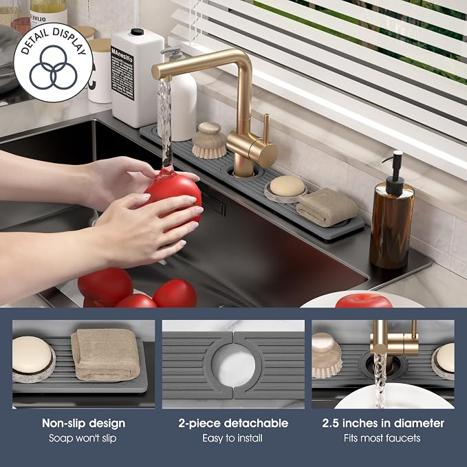 Quick Drying Stone Faucet Mat for Kitchen Sink - Diatomite Sink Mat Absorbing Stone Tray for Bathroom Counter, Sink Faucet Splash Guard Water Protector Matt for Kitchen Counter(Gray, 14" x 3.9")