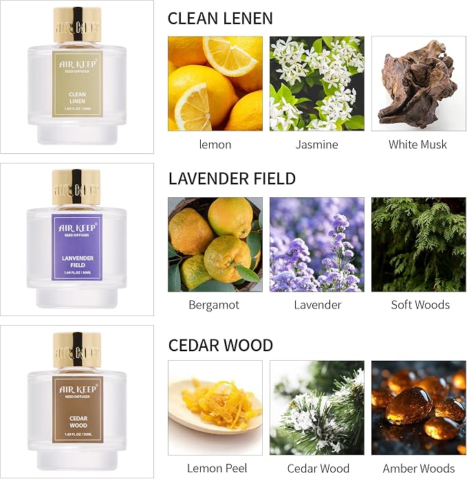 Reed Diffuser Set of 3,Clean Linen Lavender Field Cedar Wood Oil Reed Diffusers for Bedroom Living Room Office Aromatherapy Oil Reed Diffuser for Gift 50ml x 3