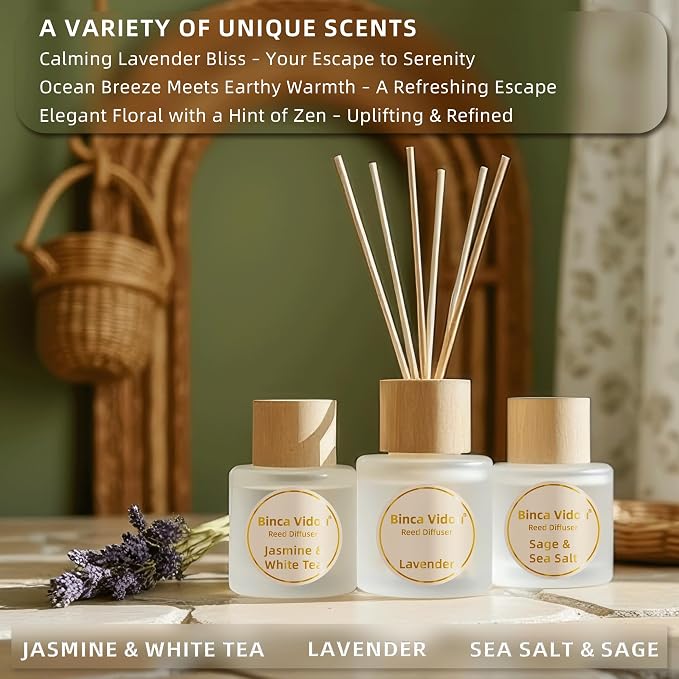 Reed Diffuser Set of 3, Binca Vidou Lavender, Jasmine & White Tea, Sage & Sea Salt Natural Scent Oil Diffusers with Sticks for Home Office Bathroom Aromatherapy Decor 1.69oz x 3