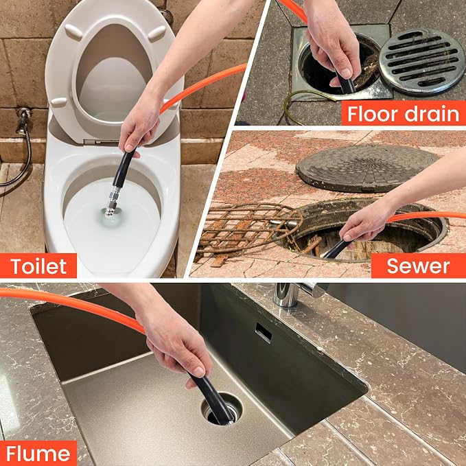 150FT Sewer Jetter Kit for Pressure Washer, 5800 PSI Water Jet Drain Cleaner Hose With Corner Rotating Button Nose Nozzle 1/4 Inch NPT, Jetting Nozzles Kit With Spanner Handle Strap