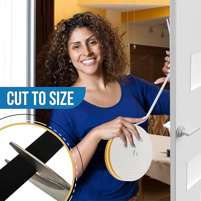 High Density Foam Weather Stripping Door Seal Strip Insulation Tape Roll for Insulating Door Frame, Window, Air Conditioner | Self Adhesive Sealing Weatherstrip (White, 1/2 in x 1/8 in x 50)