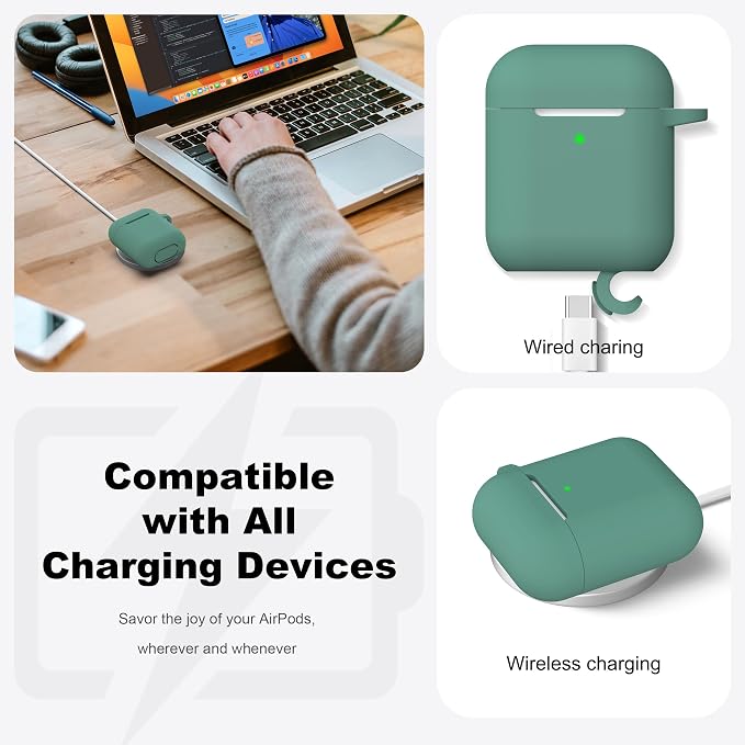 R-fun for AirPods 1/2 Case, Soft Silicone Protective Cover with Keychain and Cleaning Pen, Compatible with AirPods 2nd/1st Generation (2016/2019), Full Drop Protection Cover, Pine Green