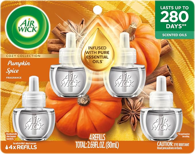 Air Wick Plug-In Scented Oil Refills, 4 Count, Pumpkin Spice, Air Freshener, Essential Oils, Eco Friendly