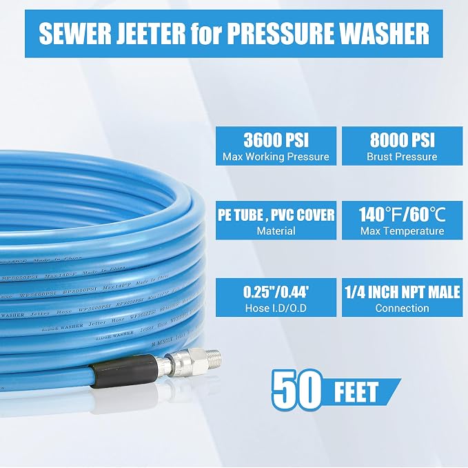 Sewer Jetter Kit for Pressure Washer, 50FT | 3600 PSI Drain Cleaning Hose, Short Pressure Washer Gun, 1/4 Inch NPT Corner, Rotating and Button Nose Sewer Jetting Nozzle