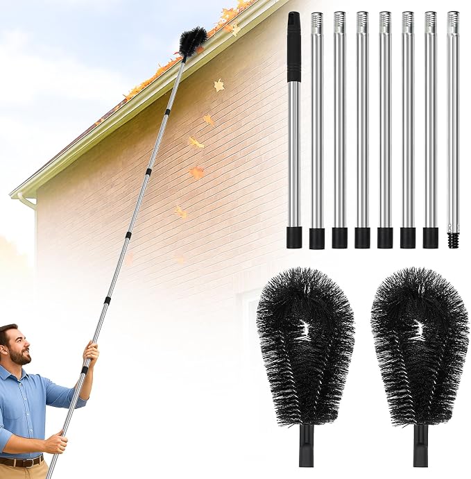 10.5FT Gutter Cleaning Brush with Adjustable Pole - No Ladder, Professional Long Reach Gutter Brush with Replaceable Brush for Removing Leaves and Trash from Roof Gutters
