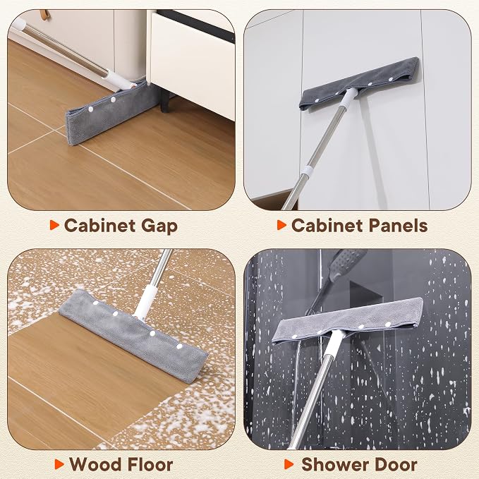 2-in-1 Floor Squeegee Broom, 180-Degree Head, 2 Microfiber Pads | 62-Inch Long Handle for Water Removal and Pet Hair on Tile and Concrete in Bathrooms, Kitchens, Showers, Garages and Patios