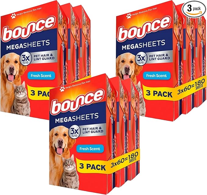 Bounce Pet Hair and Lint Guard Fabric Softener Dryer Sheets | Fresh Scent | 3X Pet Hair Fighters | Mega Sheets | 180 Count, Pack of 3