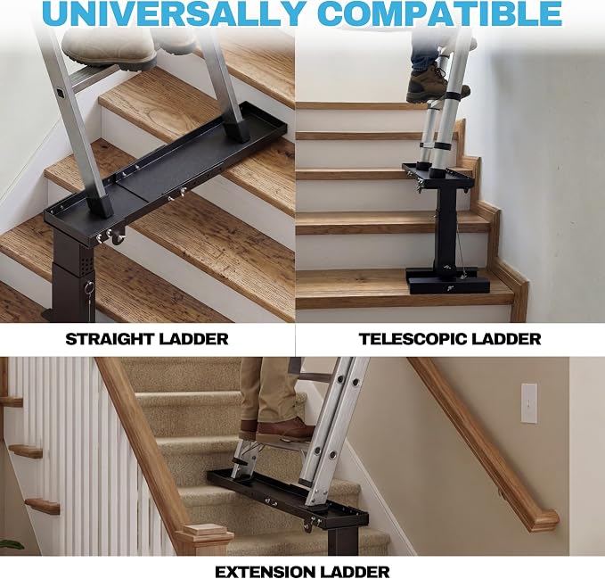 Foldable Ladder Leveler for Stairs, 11"–18.5" Adjustable Height, Carbon Steel Foldable Stabilizer, Fits Extension, Straight & Telescoping Ladders, Tool-Free Pin Lock, Non-Slip Rubber Base, 500lb Cap