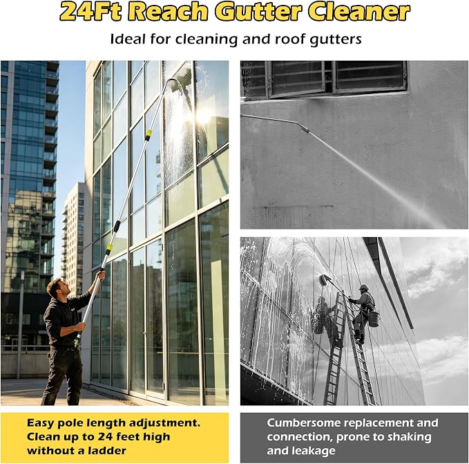 24FT Reach Telescopic Gutter Cleaning Tool, 8-15FT Gutter Cleaner from the ground with 360°Rotatable Duckbill Metal Head, Shut Off Valve, Leak-Proof Gutter Cleaning Wand for Garden Hose