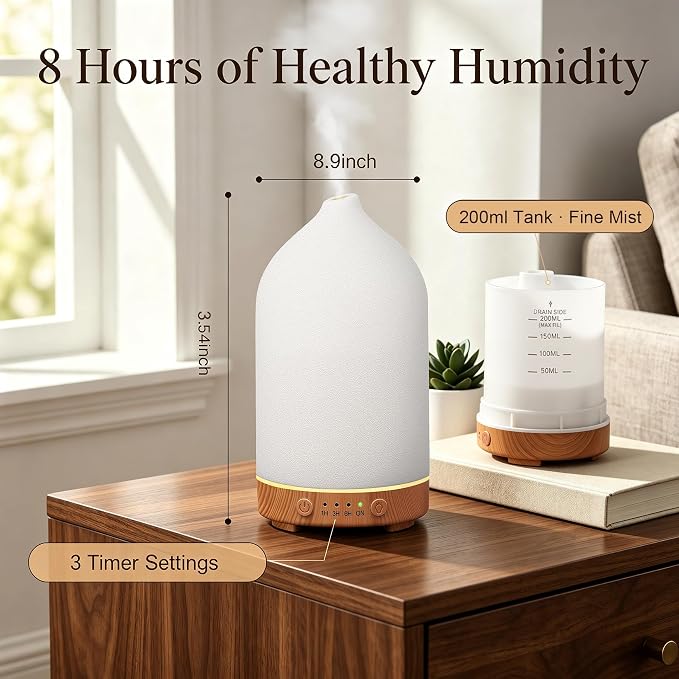 200ML Ceramic Essential Oil Diffuser for Home, Stone Diffuser 2 Pack | Ultrasonic Aromatherapy Diffuser & Air Humidifier for Bedroom, Office, Yoga, 7 LED Lights, Auto Shut-Off, 3 Timers,Wood Grain
