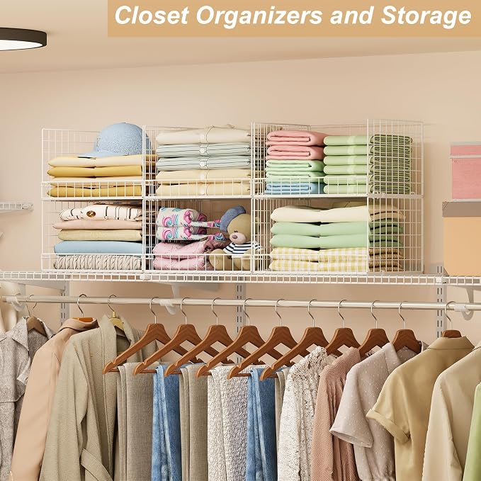 Huxitocan 6-Tier Stackable Closet Organizers and Storage Basket - Foldable Closet Shelf Organizer System, Sturdy Metal Space-Saving Clothes Storage Bins for Wardrobe, White(Patent Pending)