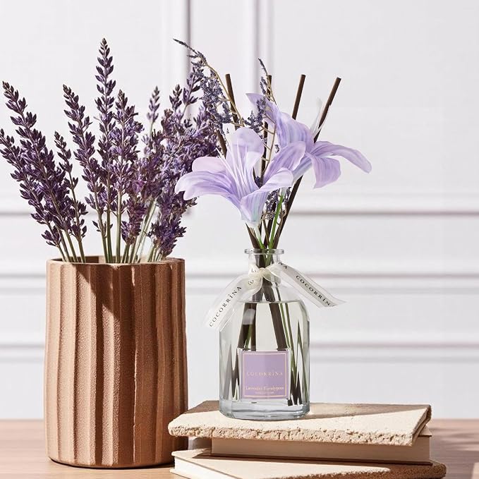 Reed Diffuser - Lavender Eucalyptus 8.5 Fl.oz Flower Reed Diffuser with Sticks, Bedroom Bathroom Shelf Decor (Floral Basket Collection)
